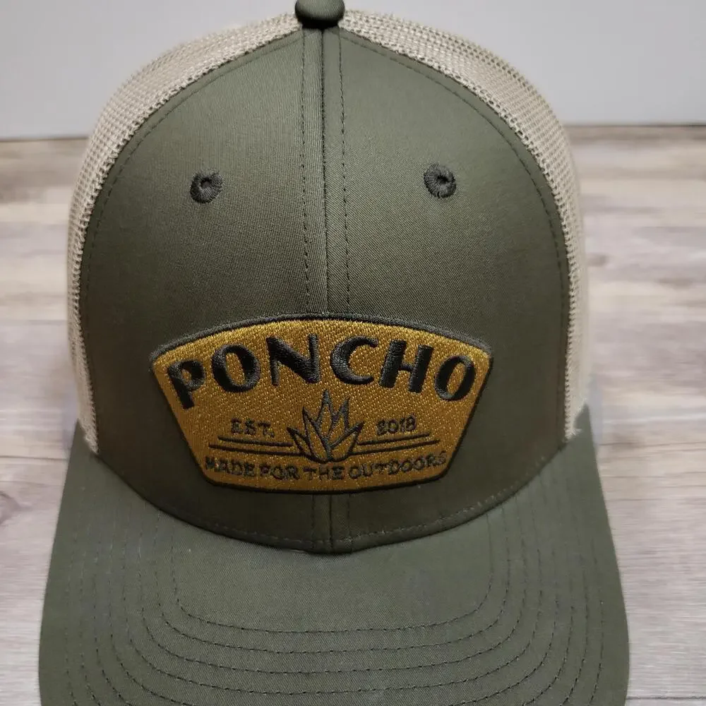 Poncho Outdoors Hat Cap Snap Back Mens One Size Green Mesh Trucker Patch Logo